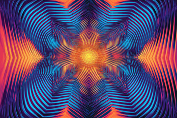 Abstract kaleidoscopic image with vibrant blue, orange, and purple stripes creating a mesmerizing symmetrical pattern.