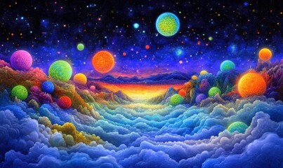 Colorful planets rise above a cloudy valley at sunset in a fantasy landscape