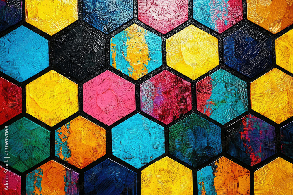 Poster vibrant honeycomb pattern in diverse colors, created with textured brushstrokes.
