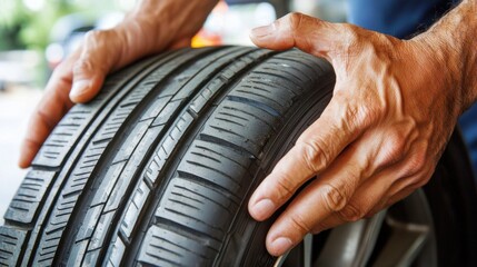 A close-up of a tire service worker's hands as they rotate and inspect a fresh tire, feeling the tread pattern and sidewall strength before placing it into stock