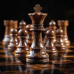 Fototapeta premium Dark Wood Chess King Centered on Board