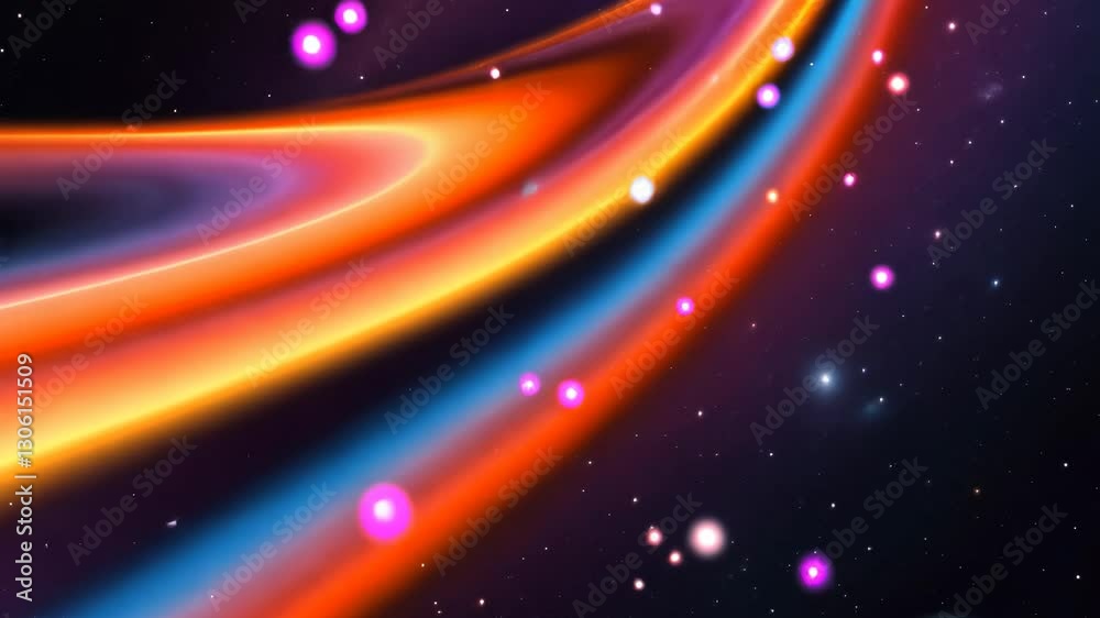 Poster a colorful space background with many small dots. some of the dots are red, blue, and purple