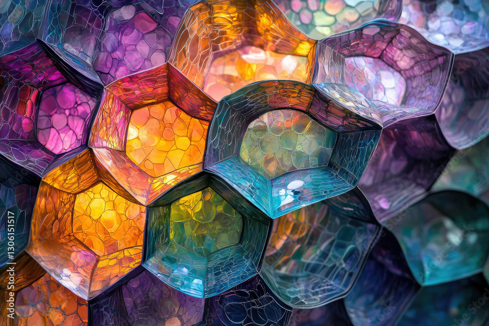 Poster Intricate mosaic of colorful, translucent hexagonal shapes forming a captivating, abstract pattern.
