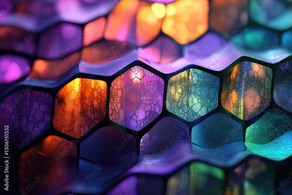 Poster abstract honeycomb pattern with vibrant, multicolored, glowing hexagonal cells.