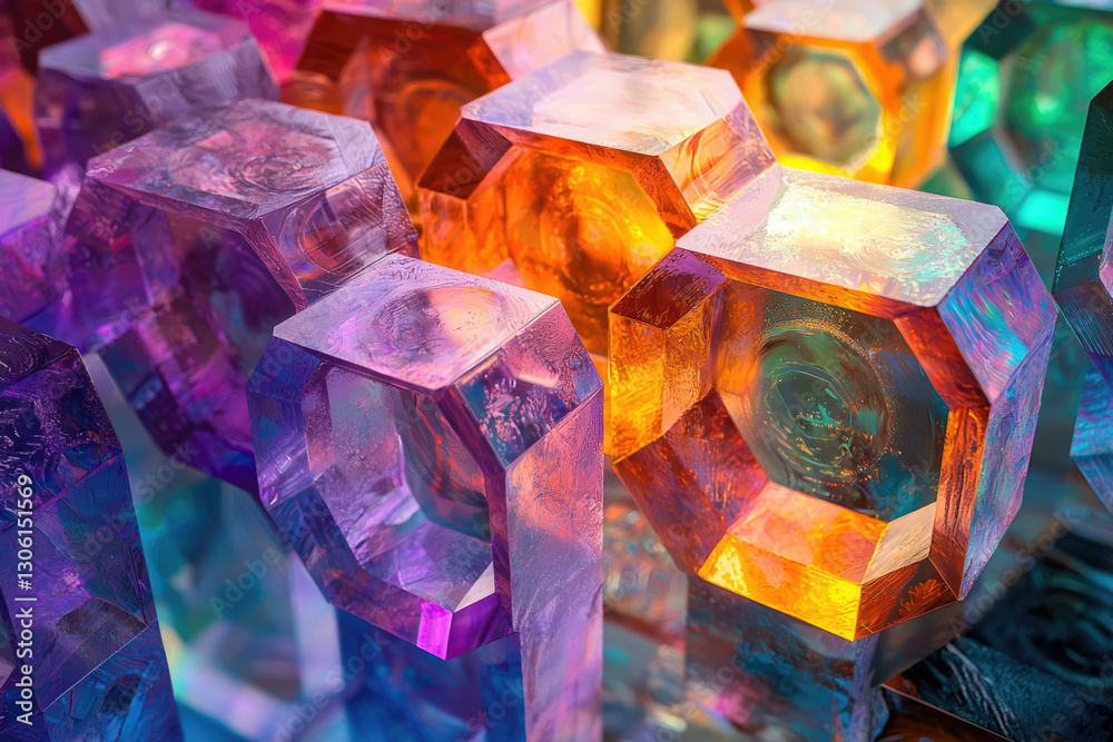 Poster close-up of vibrant, colorful, translucent hexagonal crystals forming a mesmerizing pattern.