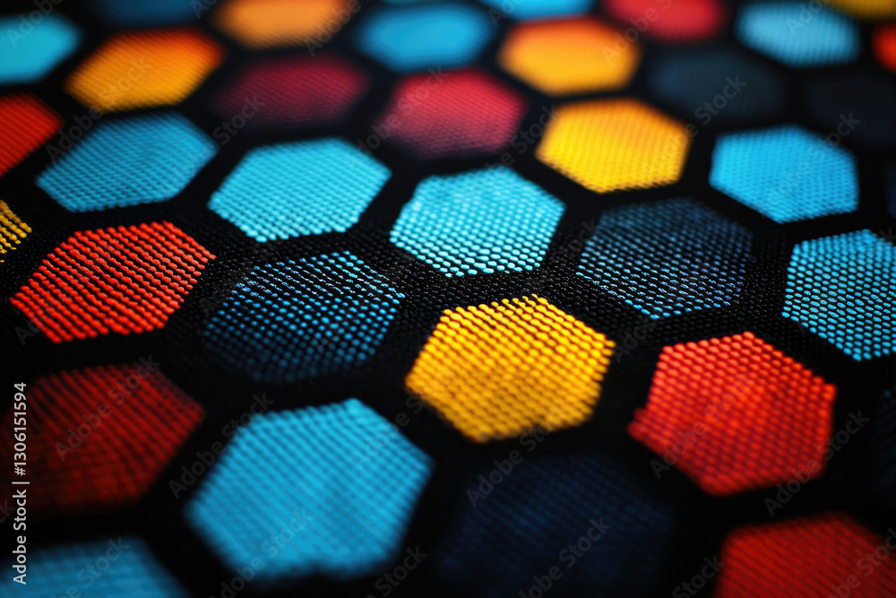 Fototapete A close-up view of a textured surface composed of vibrant hexagonal patterns in various colors.