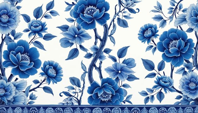 Seamless pattern features blue flowers with leaves on white backdrop. Decorative design with Chinese and Asian floral elements, vintage art for backgrounds or chinoiserie digital papers.