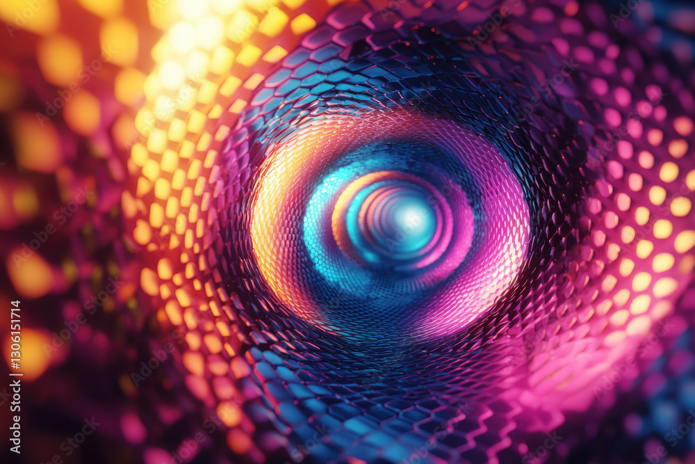 Aufkleber Abstract vibrant tunnel with hexagonal pattern, radiating colorful neon lights.