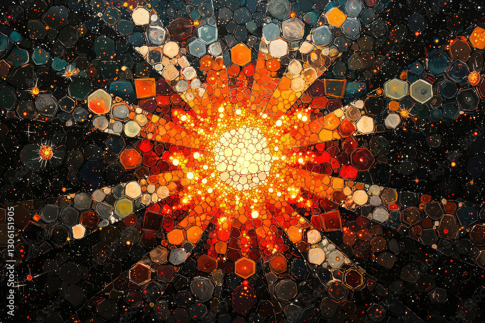 Poster a radiant, mosaic-style sun bursts forth from a dark, starry background, creating a mesmerizing cosm