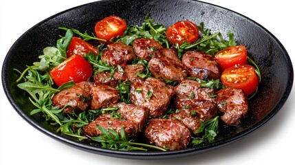 Fototapeta premium Delicious Grilled Steak Bites Served on a Bed of Fresh Arugula and Garnished with Juicy Cherry Tomatoes, a Perfect Appetizer or Light Meal Enjoy These Tender, Flavorful Beef Cubes, Skilfully Prepared