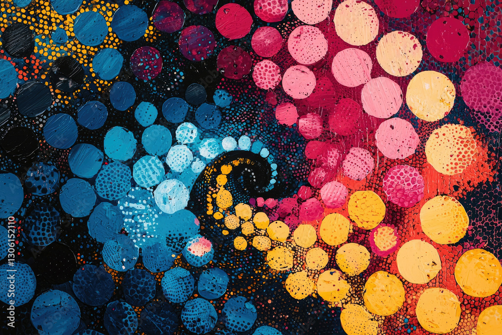 Poster Abstract artwork featuring a vibrant spiral of multicolored textured dots, creating a mesmerizing visual effect.
