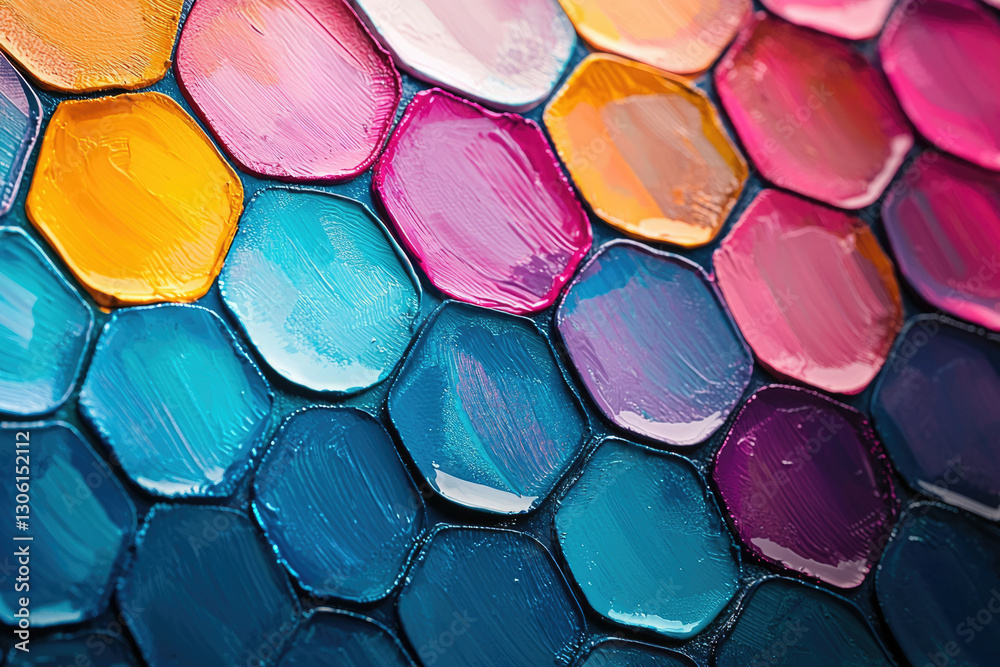 Poster vibrant hexagon-shaped paint strokes in various colors create a mesmerizing abstract art piece.