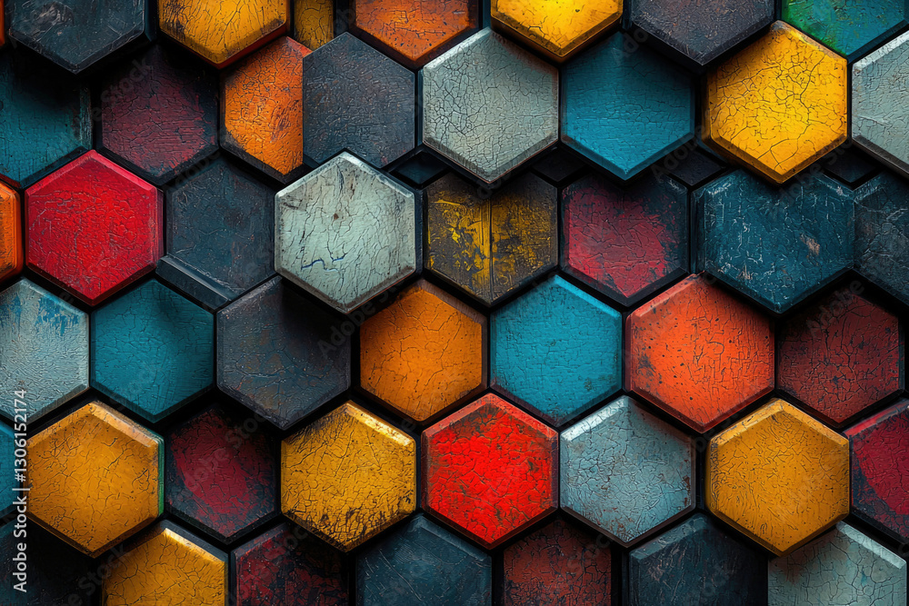Poster A captivating pattern of colorful, textured hexagons, creating a visually striking and abstract design.
