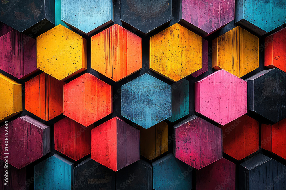 Poster A vibrant mosaic of colorful hexagonal shapes creates a captivating abstract pattern.