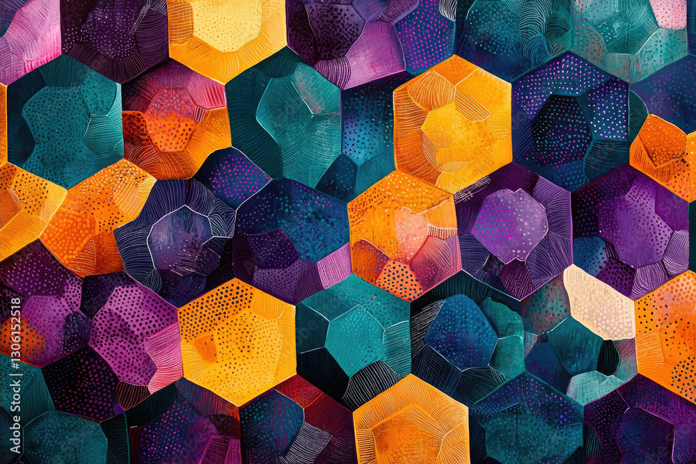 Poster Abstract hexagonal pattern with vibrant colors and textured surfaces, creating a visually captivating design.