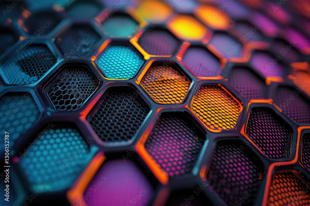 Poster Abstract hexagonal pattern with vibrant, multicolored honeycomb structure.  Geometric, futuristic design.