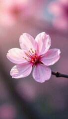 Single pink cherry blossom, bokeh spring backdrop, spring, sakura, bokeh effect