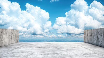 Majestic sky with fluffy clouds over a sturdy concrete wall creating a striking urban landscape scene