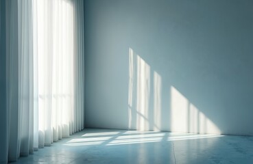 Obraz premium Minimal room with light shades from window. White curtains, architecture background, showroom. Concrete wall, floor. Sunlight, sunbeams create shadow gradient. Template, minimal interior design.