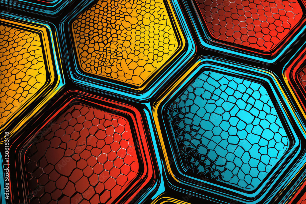 Poster abstract hexagonal pattern with cracked surface, vibrant colors, and bold outlines.