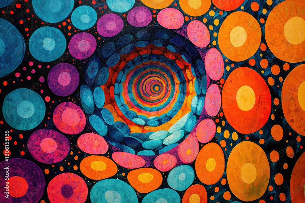 Poster vibrant, swirling circles create a mesmerizing tunnel effect in this psychedelic artwork.