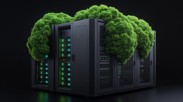 Lush bunch of green plants thriving on a black server representing technology and eco-friendly solutions