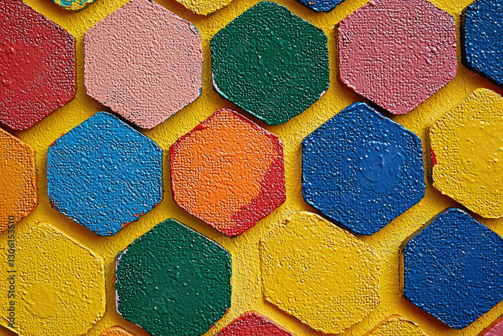 Poster colorful hexagon pattern on a yellow background, vibrant and textured.