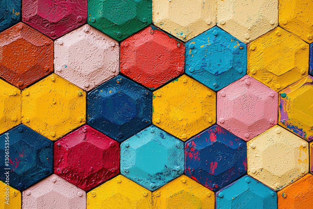 Poster A vibrant honeycomb pattern of multicolored hexagonal tiles creates a visually striking and textured surface.