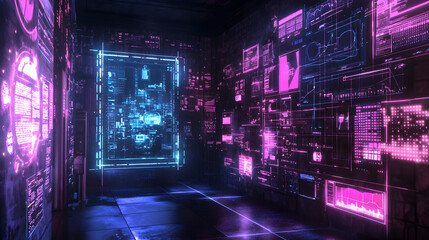 Digital control room visualization futuristic tech space 3d graphic neon environment high-tech perspective