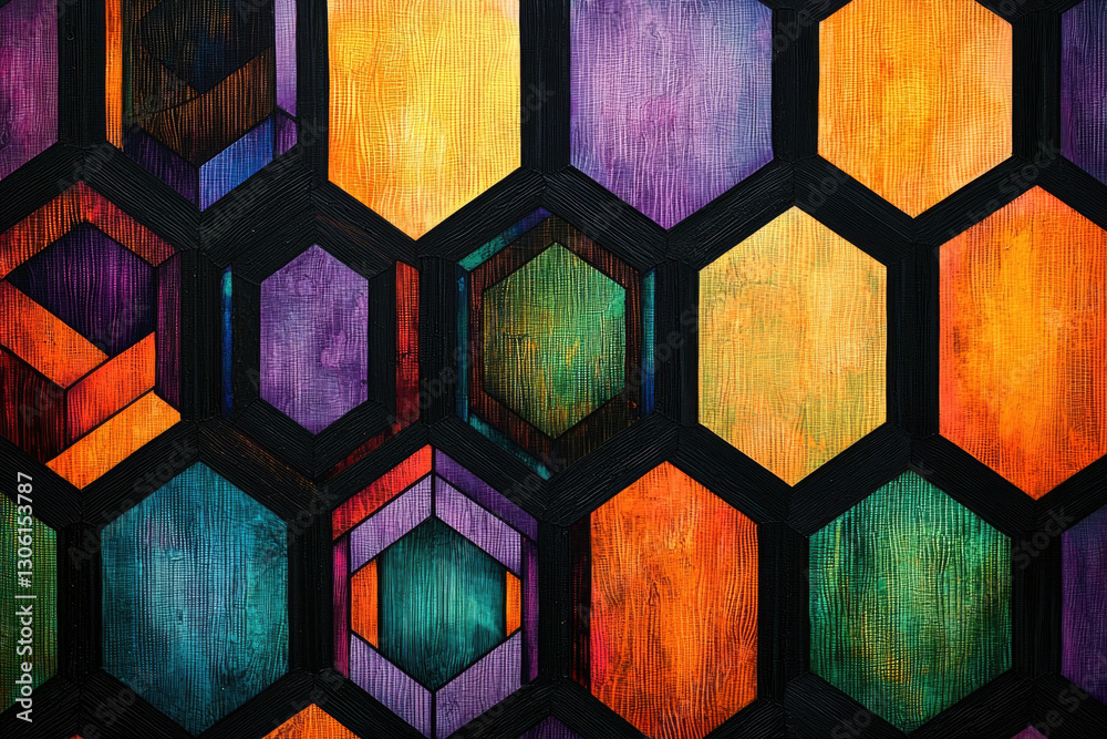 Poster Abstract honeycomb pattern with vibrant, multicolored hexagons, creating a visually striking geometric design.