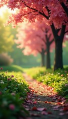 Naklejka premium Soft focus garden trees, blurred bokeh background, overgrown, mellow