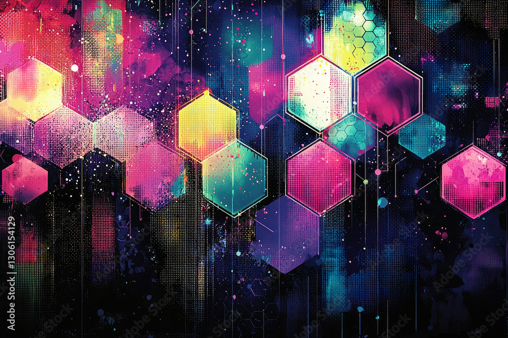 Poster Abstract digital art featuring vibrant hexagons interconnected on a dark background with splashes of color and glowing effects.