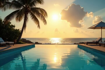 Naklejka premium Sparkling pool, palm silhouette; sun-drenched luxury, serene, sky, summer