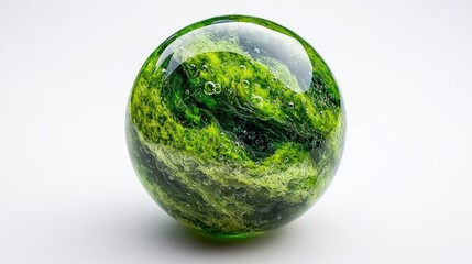 Close-up of a green marble ball on a soft surface displaying intricate patterns and captivating color variations
