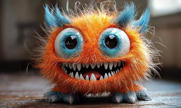 A friendly, cartoonish monster with big eyes, a wide grin, and colorful, furry features.