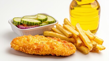 Delicious Fish and Chips A Classic Culinary Delight, Enhanced by Golden French Fries and Refreshing Cucumber Salad Perfect for Lunch or Dinner, this Meal Embodies Comfort Food at Its Finest Featuring