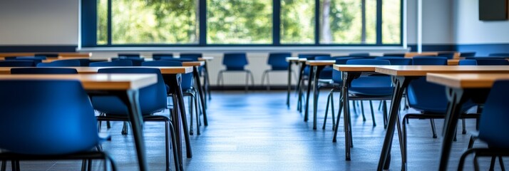 A modern classroom featuring empty desks and chairs, illuminated by natural light from large windows, creating a serene educational environment.