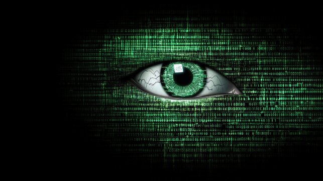 Striking image of a green eye against a background of binary code representing data and digital vision
