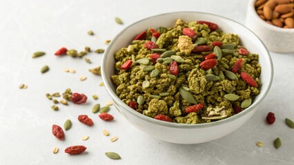 Granola crunch healthy. Healthy matcha green tea granola with a crunchy texture, perfect for a nutritious breakfast option. Healthy Gourmet breakfast.