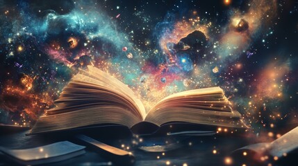 An open book emits a cosmic glow, surrounded by stars and nebulae, symbolizing the universe of knowledge and imagination.