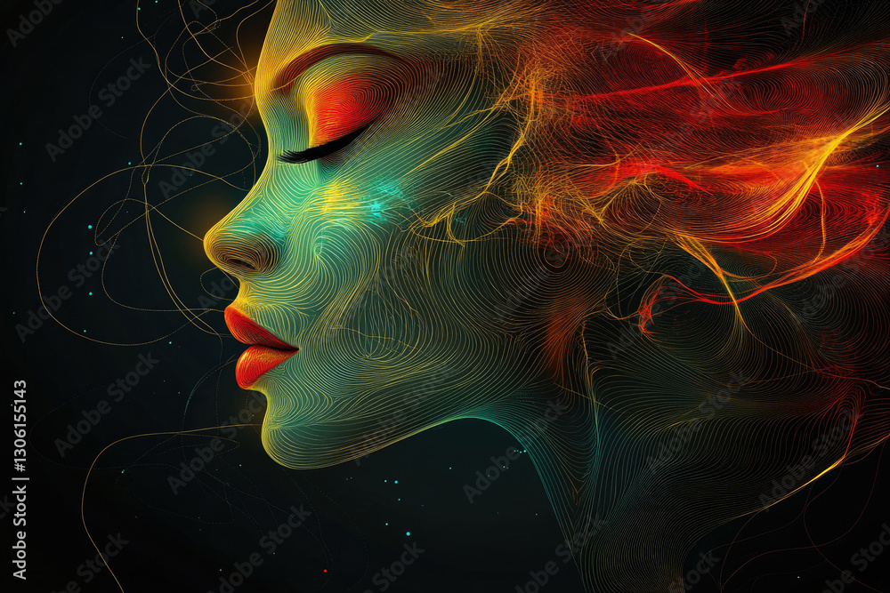 Poster abstract portrait of a woman, lines and colors create a fiery, ethereal effect.