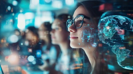 A focused woman in glasses gazes at digital screens displaying data and a globe, symbolizing technology and innovation in a modern workspace.