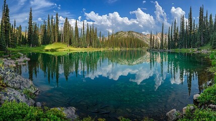 Serene mountain lake reflecting sky, trees, and mountains.