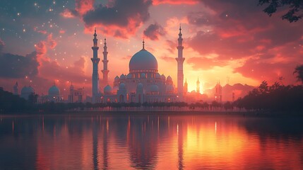 Naklejka premium Majestic Mosque with Dome and Minarets Reflected in Calm Waters at Sunset