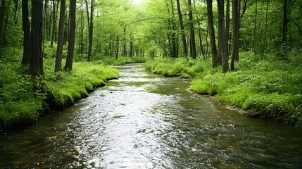 Obraz premium Tranquil Forest Stream Flowing Through Lush Green Trees and Vibrant Foliage in a Peaceful Natural Landscape