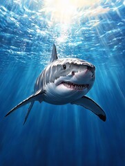 Obraz premium A great white shark swimming in the ocean with its mouth open