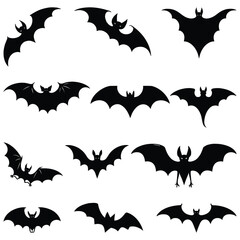 Set of black flat bat silhouettes. Bat silhouettes set. Vector illustration 