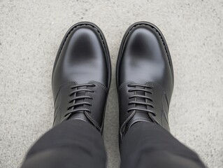 Male feet in black leather shoes on a concrete background