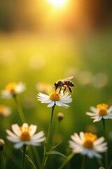 Sun-drenched meadow, honeybees collecting nectar , blossom, abstract, nature