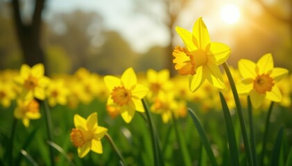 Obraz premium Sunlit field of vibrant yellow daffodils blooming , flowers, cheerful, springtime
